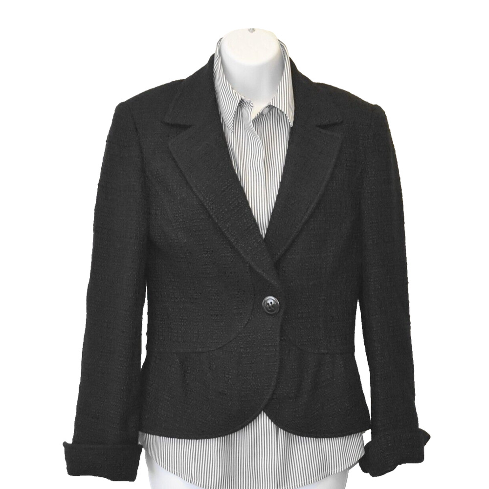 A8 Auth LAFAYETTE 148 Black Viscose Blend Tweed Single Button Front Jacket Sz 4
